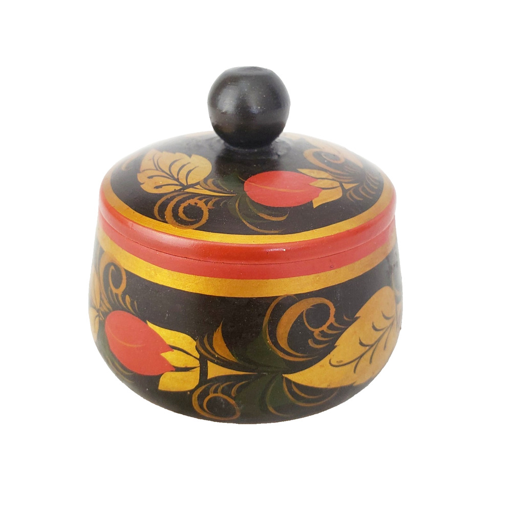 Vintage USSR Russia Wood Round Box w/ Lid Hand Painted Gold & Red Small 3" MCM